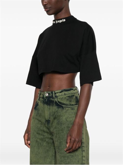 T-shirt cropped Palm Angels da donna nera con logo bianco PALM ANGELS | PAWAA001JR001100A